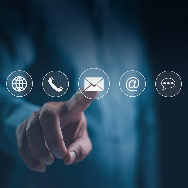 Illustration of a hand selecting from glowing contact channel icons.