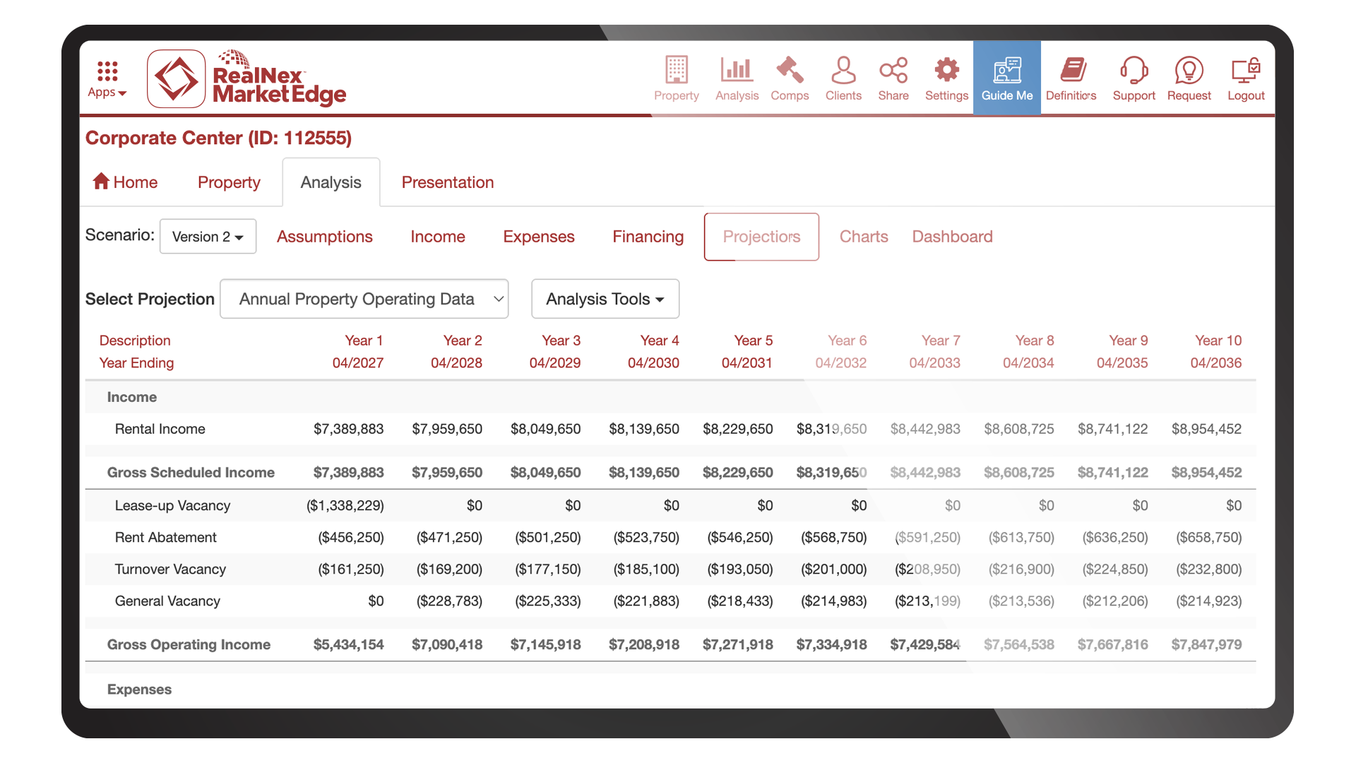 RealNex MarketEdge ten-year financial projection with annual property operating data
