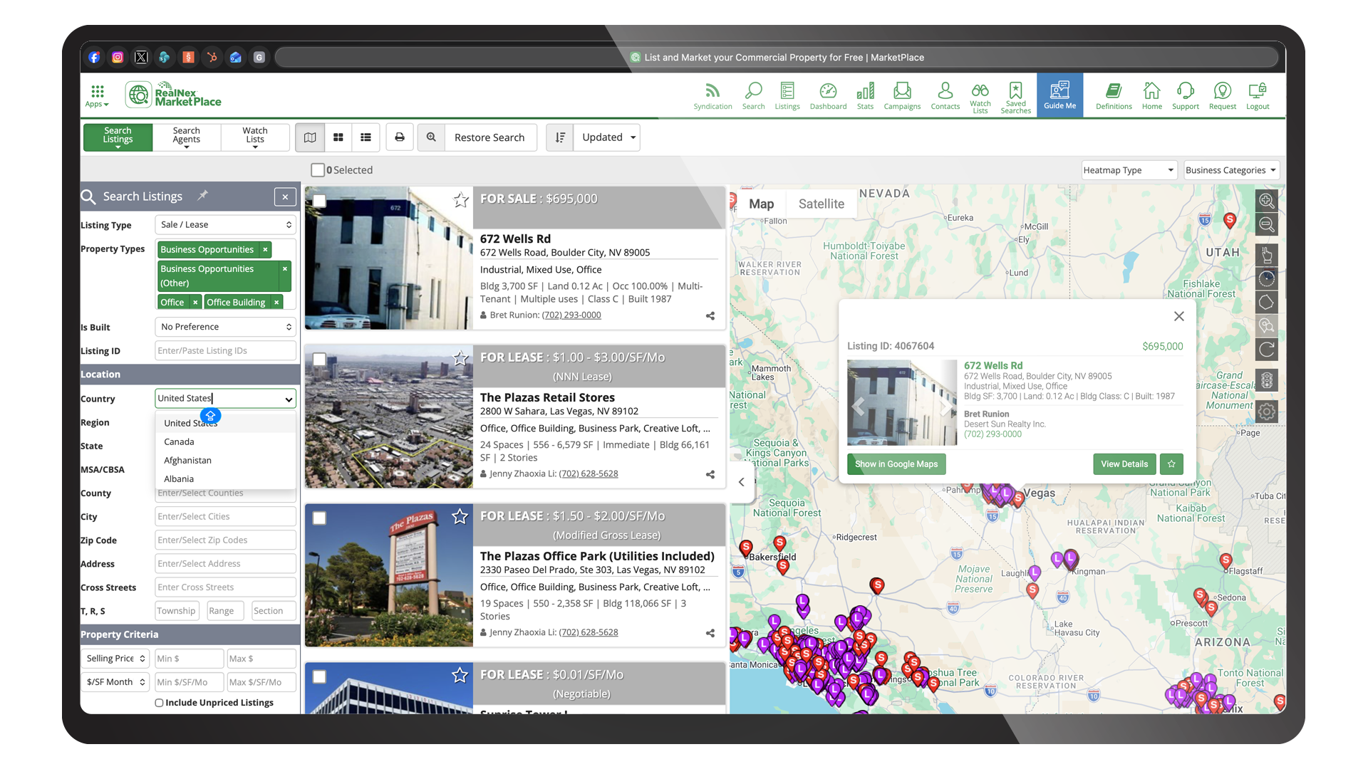 RealNex MarketPlace listing search with map and filtered property results