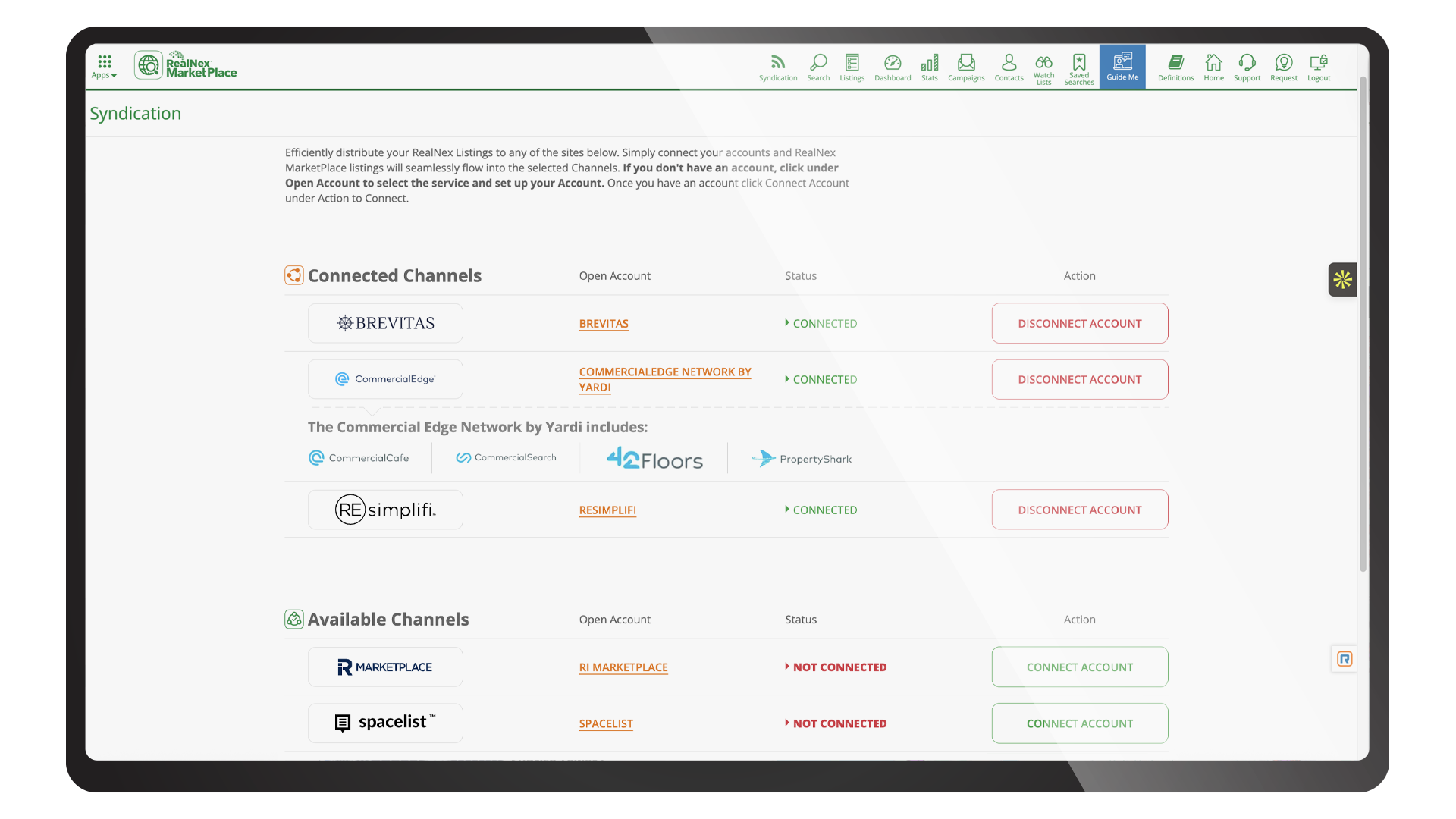 RealNex MarketPlace syndication settings screen, listing connected and available partner channels for distributing a listing