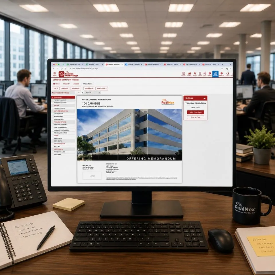 RealNex MarketEdge offering memorandum and presentation builder for a commercial property