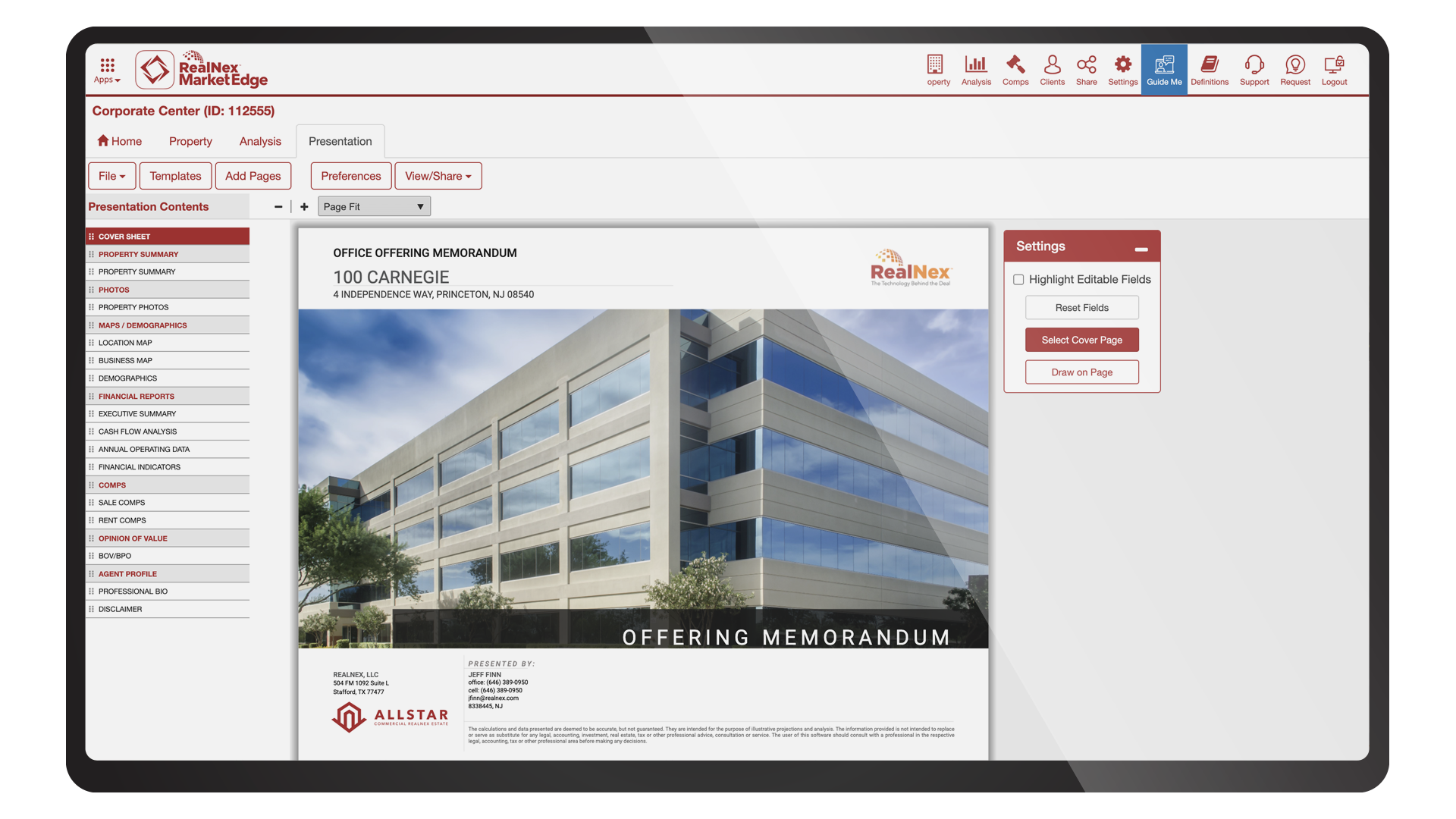RealNex MarketEdge offering memorandum branded with a client's own logo and colors