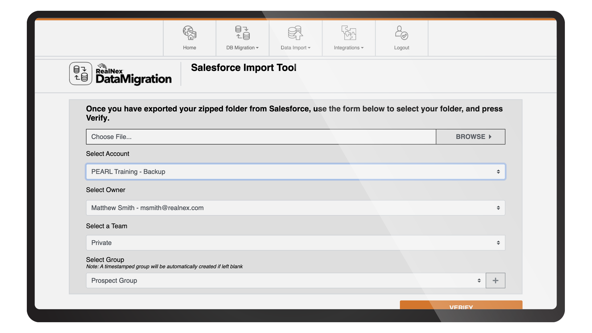Screenshot of the RealNex DataMigration Salesforce Import Tool for uploading and mapping exported CRM data